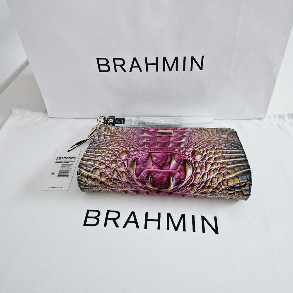 Brahmin Purple Brown Embossed Leather Wristlet Clutch - Picture 7 of 16